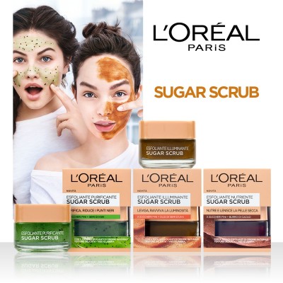 1 - L’Oréal Paris Scrub Viso e Labbra Sugar Scrub, Esfoliante Purificante con Cristalli Fini di Zucchero e Semi di Kiwi, 50 m